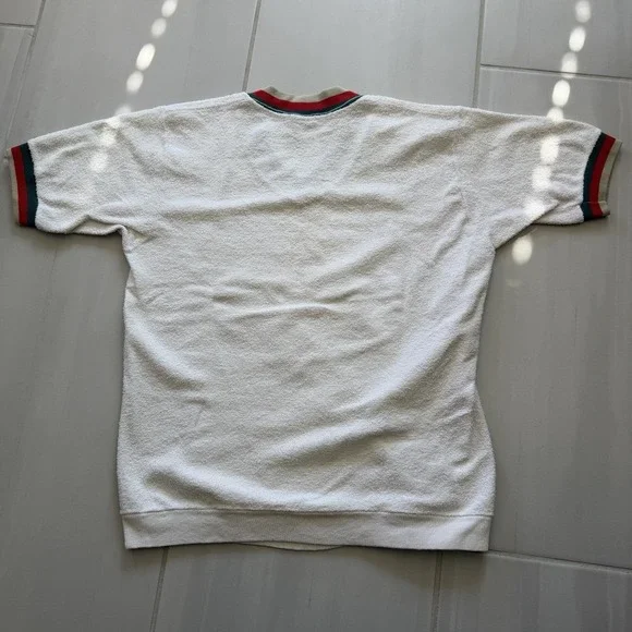 Vntg 70s Terry Cloth V-Neck Shirt Retro Athletic Stripe Tee M 38-40 USA Cotton - Picture 3 of 8
